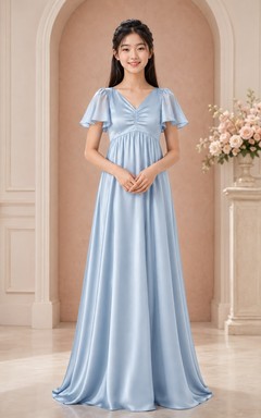 Himmelblaues Brautjungfernkleid für junge Damen, A-Linie, bodenlang, V-Ausschnitt, kurze Ärmel, verspielte Details, romantisch