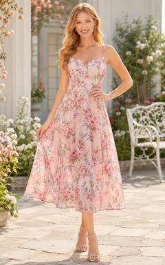Robe de douche trapèze à fines bretelles et imprimé floral rose poudré, longueur midi.