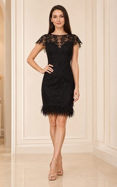 Black Knee-Length Lace Sheath Bateau Cap Sleeve Feather Hem Dress