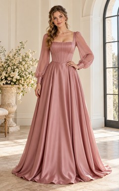 Robe de bal trapèze en satin rose poudré, col carré, manches longues, style modeste