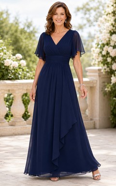 Robe mère bleu marine foncé en mousseline de soie, coupe trapèze, col en V et manches papillon