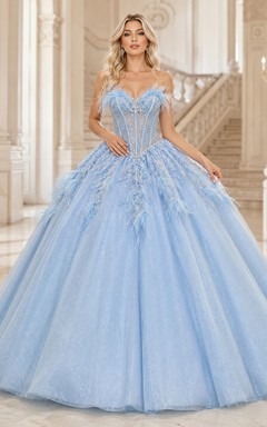 Sky Blue Luxury Strapless Sweetheart Feather Corset Tulle Quinceanera Princess Ball Gown