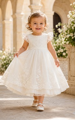 Baby Baptism Christening Ceremony Dress A-Line Tea-Length Jewel Neck Short Sleeve Tulle Lace Button Back