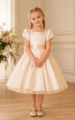 Bow Back Tulle A-Line Flower Girl Dress with Jewel Neck and Tea-Length Skirt