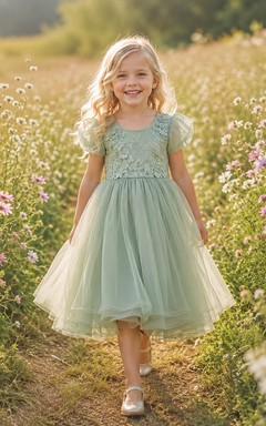 Flower Girl Dress Sage Tulle A-Line Jewel Neck Tea Length Bow Back