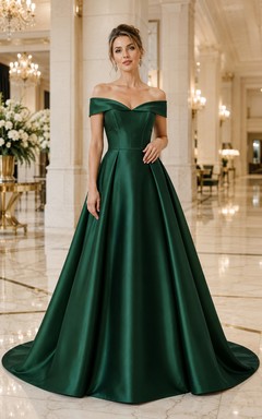 Abendkleid, dunkelgrünes Satin-Ballkleid, schulterfrei, kurze Ärmel, Schleppe