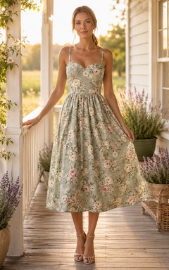 Sage floral spaghetti strap sweetheart farmhouse guest midi dress