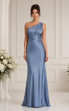 Steel Blue One-Shoulder Satin Sheath Bridesmaid Dress