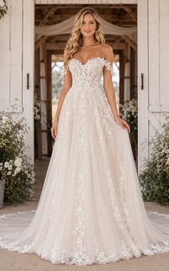 Brautkleid im Landhausstil mit Spitze, A-Linie, schulterfrei, Schleppe und tiefem V-Ausschnitt am Rücken