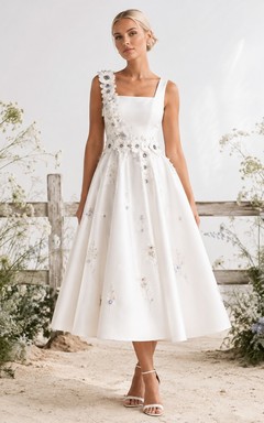 Simple White Wildflower Print Square Neck Sleeveless Satin A-Line Tea-length Dress
