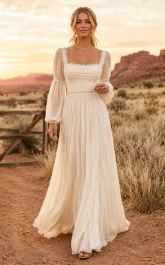 Robe de mariée bohème western en mousseline, coupe trapèze, col carré, manches longues, style champêtre