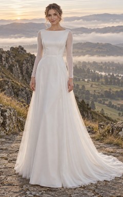 Einfaches Brautkleid in A-Linie mit U-Boot-Ausschnitt, langen Illusionsärmeln und Tüll.