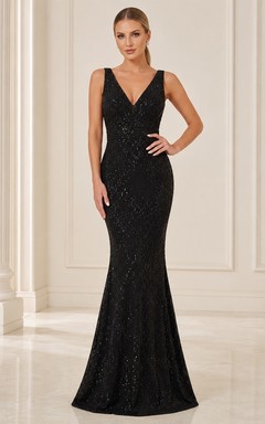 Black Sequin Deep-V Sleeveless Mermaid Floor-length Evening Guest Dress