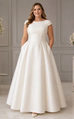Plus-Size Satin-Brautkleid mit Rundhalsausschnitt, kurzen Ärmeln, schlichter A-Linien-Form, Knöchellänge und Taschen