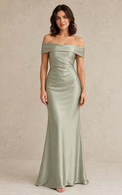 Robe de soirée sirène en satin sauge à épaules dénudées