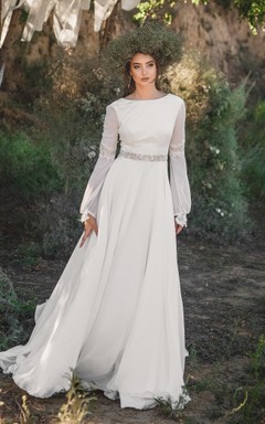 Schlichtes, langärmeliges Boho-Chiffon-Hochzeitskleid mit Rundhalsausschnitt und Chiffon-Muster, elegant für den Landhaus