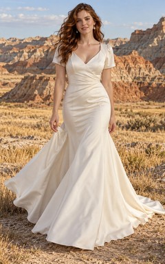 Vestido de novia sencillo de satén drapeado largo hasta el suelo con escote en V y mangas cortas estilo sirena