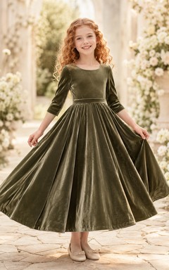 Flower Girl Dress A-Line Dark Green Velvet Three Quarter Sleeve Formal