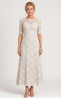 Genteel Modest Older Brides Lace A-Line Ankle-length Bateau Half-Sleeve Mother Dress