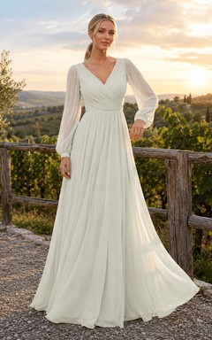 Modest V-Neck Long Sleeve Chiffon Vineyard Elopement Gown
