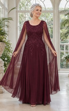 MOB-Kleid aus burgunderfarbenem Chiffon mit Spitze, A-Linie, Cape-Ärmeln, Rundhalsausschnitt, bodenlang, Cape-Ärmel-Detail