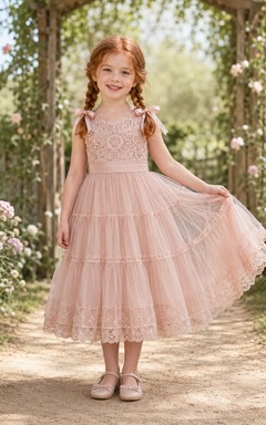 Blush Boho Sleeveless Crochet Lace Tulle Tiered Flower Girl Tea-Length Garden Dress