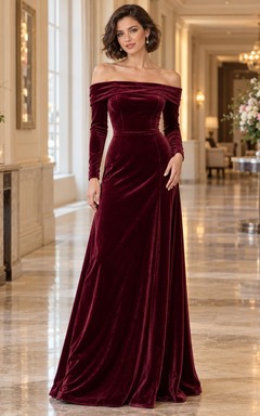 Vestido de noche largo de terciopelo burdeos, corte recto, con hombros descubiertos y fruncido, de manga larga y escote Bardot.