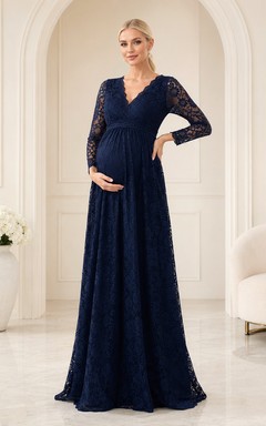 Elegantes, formelles Umstandskleid aus Spitze in Dunkelblau mit Empire-Schnitt, bodenlang, V-Ausschnitt und langen Ärmeln – ein schlichtes und elegantes Kleid für Gästeempfänge.