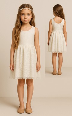 White Lace Sleeveless Scoop-neck Knee-length Flowergirl Dress