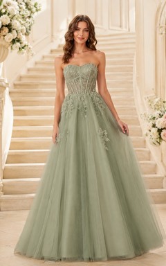 Sage Strapless Sweetheart Tulle A-Line Applique Floor-Length Formal Gown