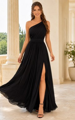 Black One-Shoulder Chiffon A-Line Floor-Length Split Elegant Evening Gown