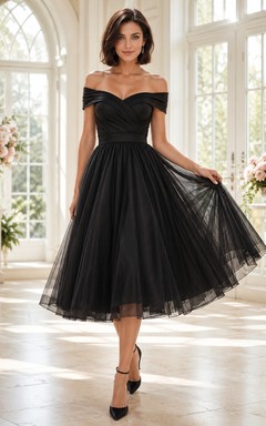 Black Off-Shoulder Tulle A-Line Tea-Length Vintage Romantic Cocktail Dress
