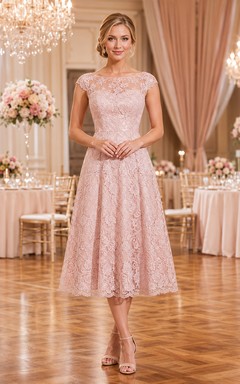 Blush Lace Illusion Cap Sleeve A Line Luncheon Midi Dress