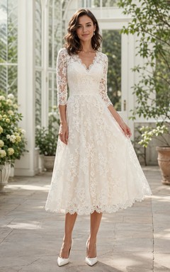 Vintage Civil Lace A Line V Neck Three Quarter Sleeve Tea Wedding Dress