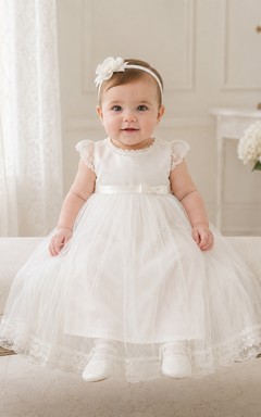 Cap Sleeve Baptism Dress A-Line Tulle Lace Jewel Neck Knee-Length