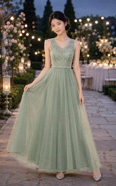 Celadonfarbenes Brautjungfernkleid für junge Mädchen, A-Linie, Rundhalsausschnitt, ärmellos, elegant, aus Tüll