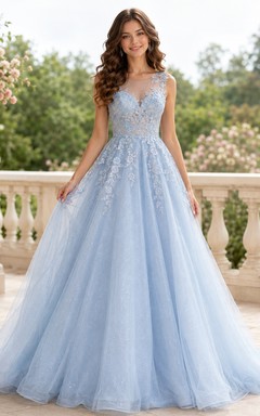 Sky Blue Beaded Tulle Prom Ball Dress