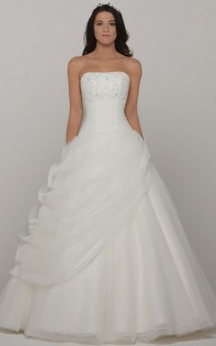 Ball Gown Sleeveless Strapless Long Beaded Tulle Wedding Dress With Pick Up