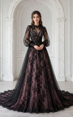 Vestido de novia negro de encaje, estilo princesa, de manga larga, cuello alto y corte princesa.