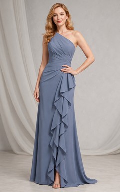 Steel Blue One-Shoulder Waterfall Ruffle Evening Gown