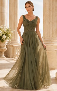 Elegante vestido de noche formal largo hasta el suelo, de corte A, sin mangas, con escote drapeado, espalda en V profunda y cuello en A, color verde oscuro.