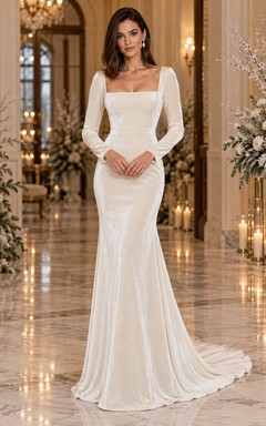 Vestido de novia de terciopelo con escote cuadrado, manga larga y cola larga, estilo sirena.