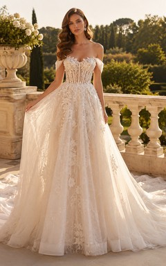 Lace Tulle Wedding Dress A-Line Off Shoulder Short Sleeve Sweep Train Bridal Gown