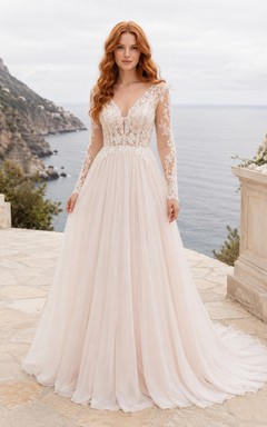 A-Linien-Brautkleid mit langen Ärmeln und Spitzenoberteil