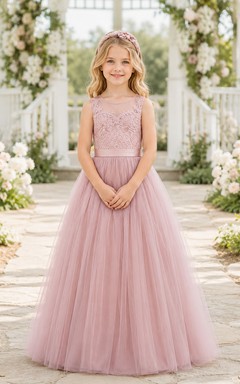 Bodenlanges Tüllkleid mit Spitzenoberteil, A-Linien-Schnitt, kurzen Ärmeln, Rundhalsausschnitt und bodenlangem Rock für Blumenmädchen.