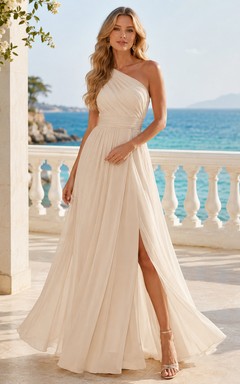 Champagne one shoulder slit chiffon oceanfront guest gown