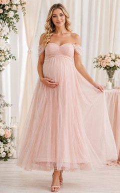 Robe de demoiselle d'honneur rose poudré, épaules dénudées, style empire, en tulle, longueur thé.