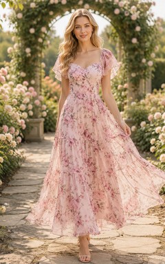 Romantic Pink Floral Flutter Sleeve Chiffon Maxi Dress