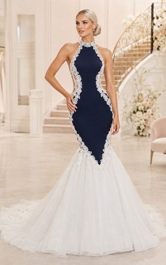 Modernes Brautkleid im Meerjungfrauen-Stil mit Farbblock-Design, ärmellos, aus Stretch-Satin