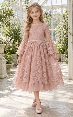 Tea-length Vintage Mauve Bell Sleeve Scoop Layered Scalloped Floral Lace A-Line Flowergirl Dress